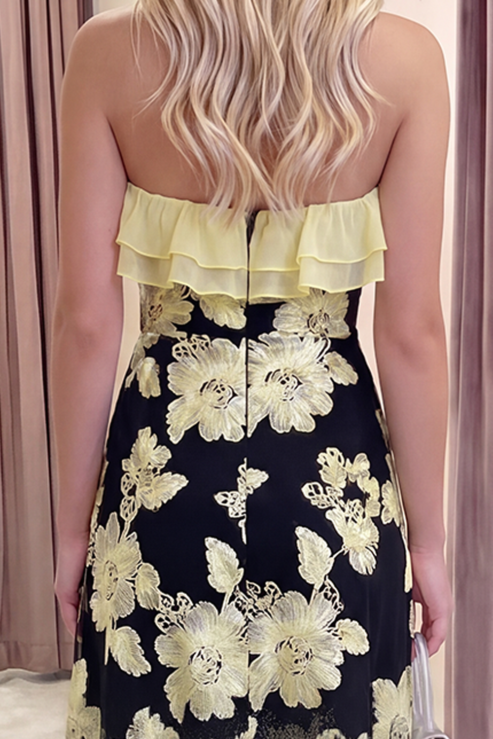 Fuchsia Floral A Line Long Strapless Beach Prom Dress with Ruffles