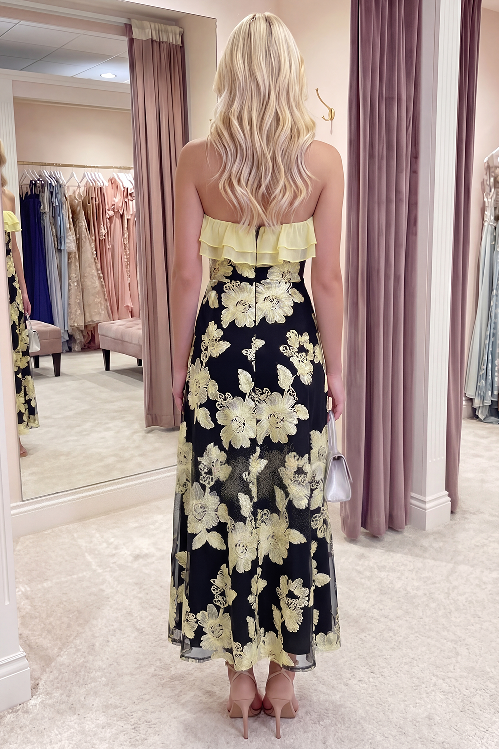 Fuchsia Floral A Line Long Strapless Beach Prom Dress with Ruffles