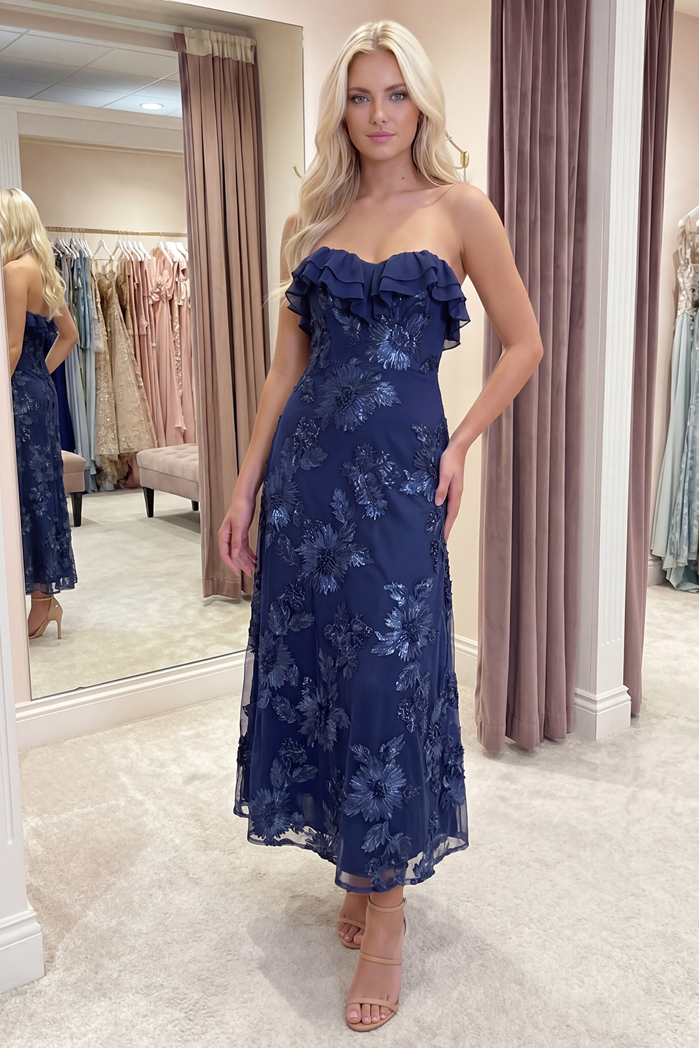 Fuchsia Floral A Line Long Strapless Beach Prom Dress with Ruffles