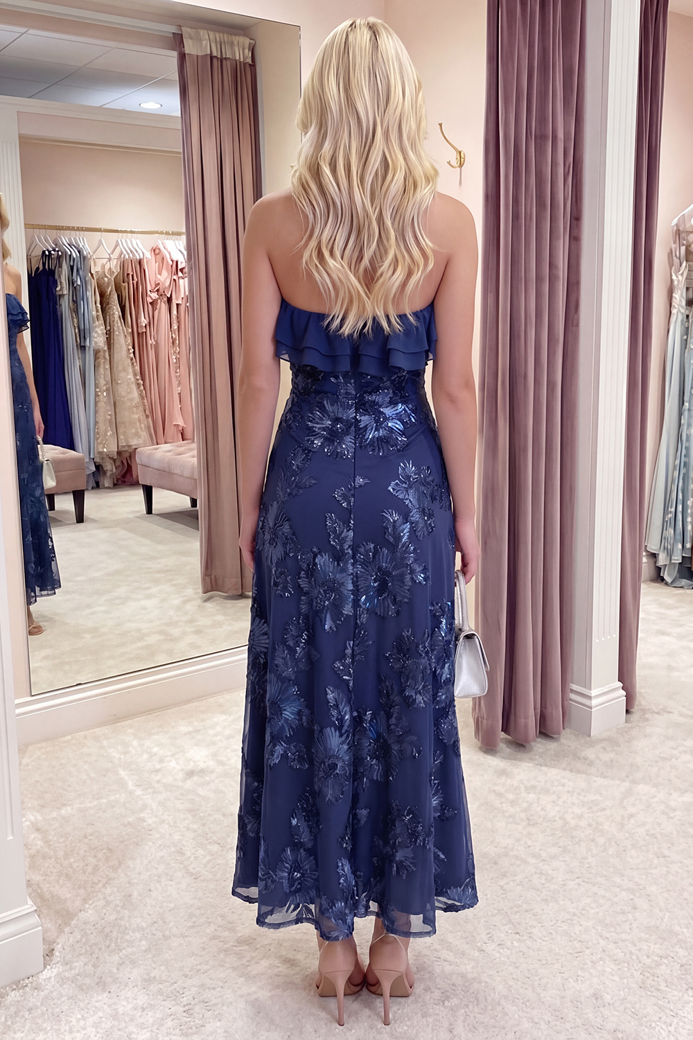 Fuchsia Floral A Line Long Strapless Beach Prom Dress with Ruffles