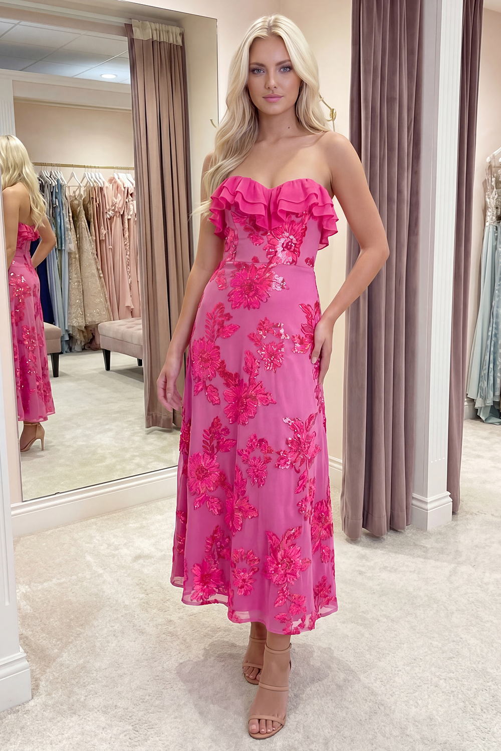 Fuchsia Floral A Line Long Strapless Beach Prom Dress with Ruffles