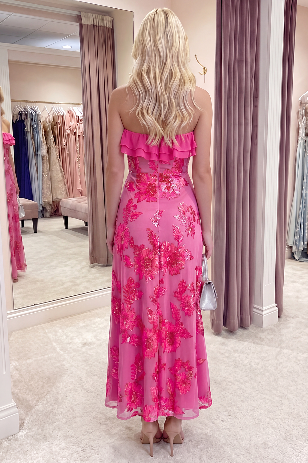 Fuchsia Floral A Line Long Strapless Beach Prom Dress with Ruffles