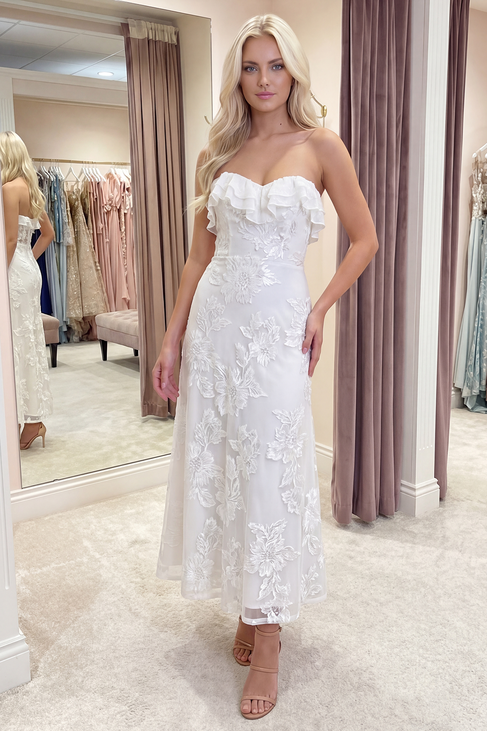 Fuchsia Floral A Line Long Strapless Beach Prom Dress with Ruffles