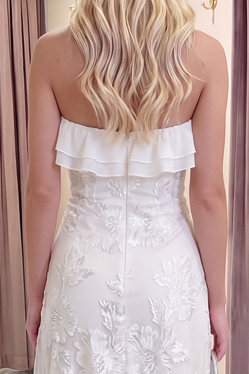 Fuchsia Floral A Line Long Strapless Beach Prom Dress with Ruffles