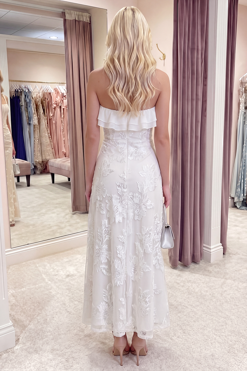 Fuchsia Floral A Line Long Strapless Beach Prom Dress with Ruffles