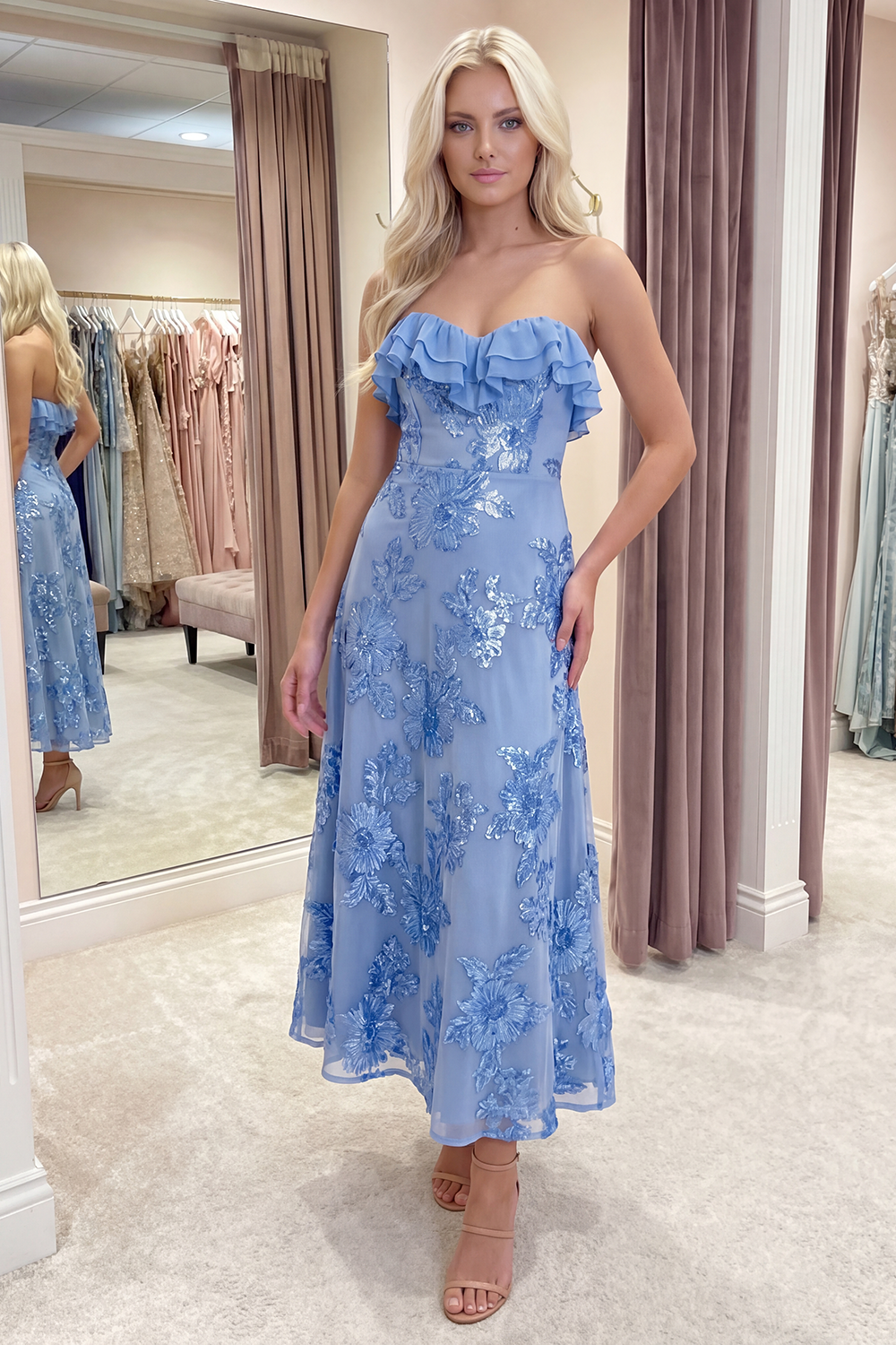 Fuchsia Floral A Line Long Strapless Beach Prom Dress with Ruffles