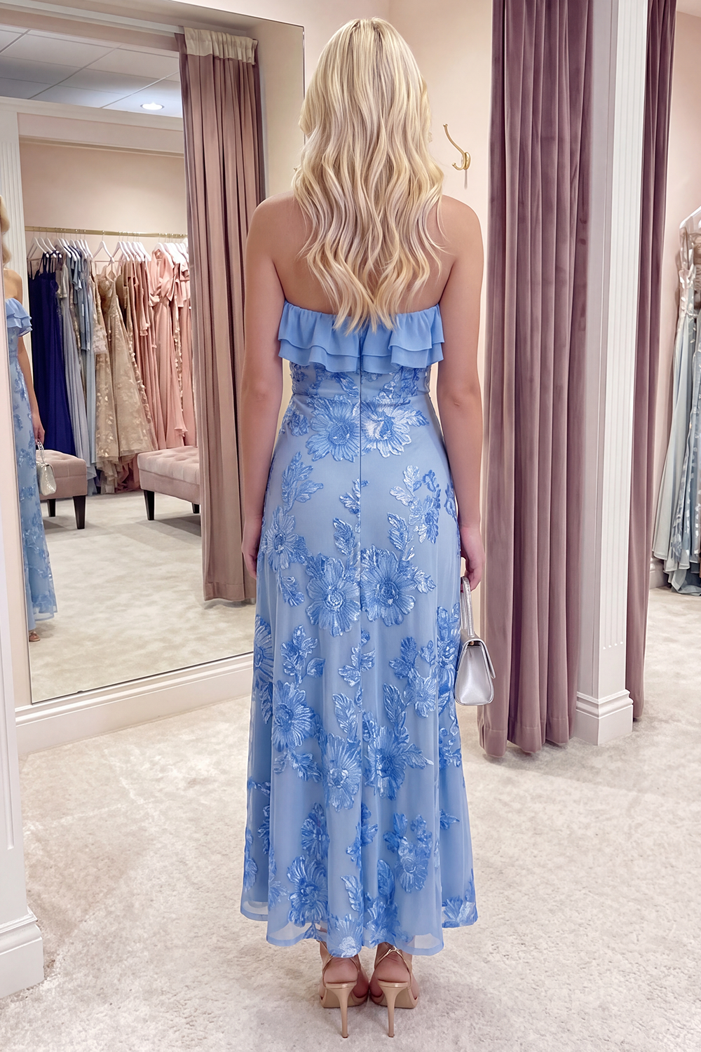 Fuchsia Floral A Line Long Strapless Beach Prom Dress with Ruffles