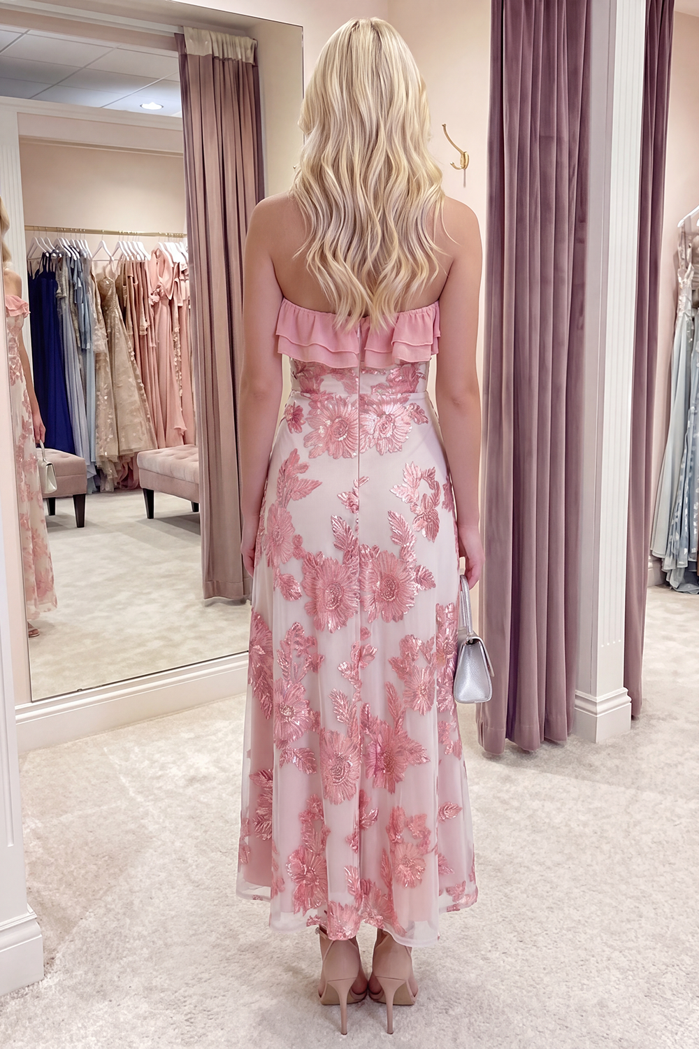 Fuchsia Floral A Line Long Strapless Beach Prom Dress with Ruffles