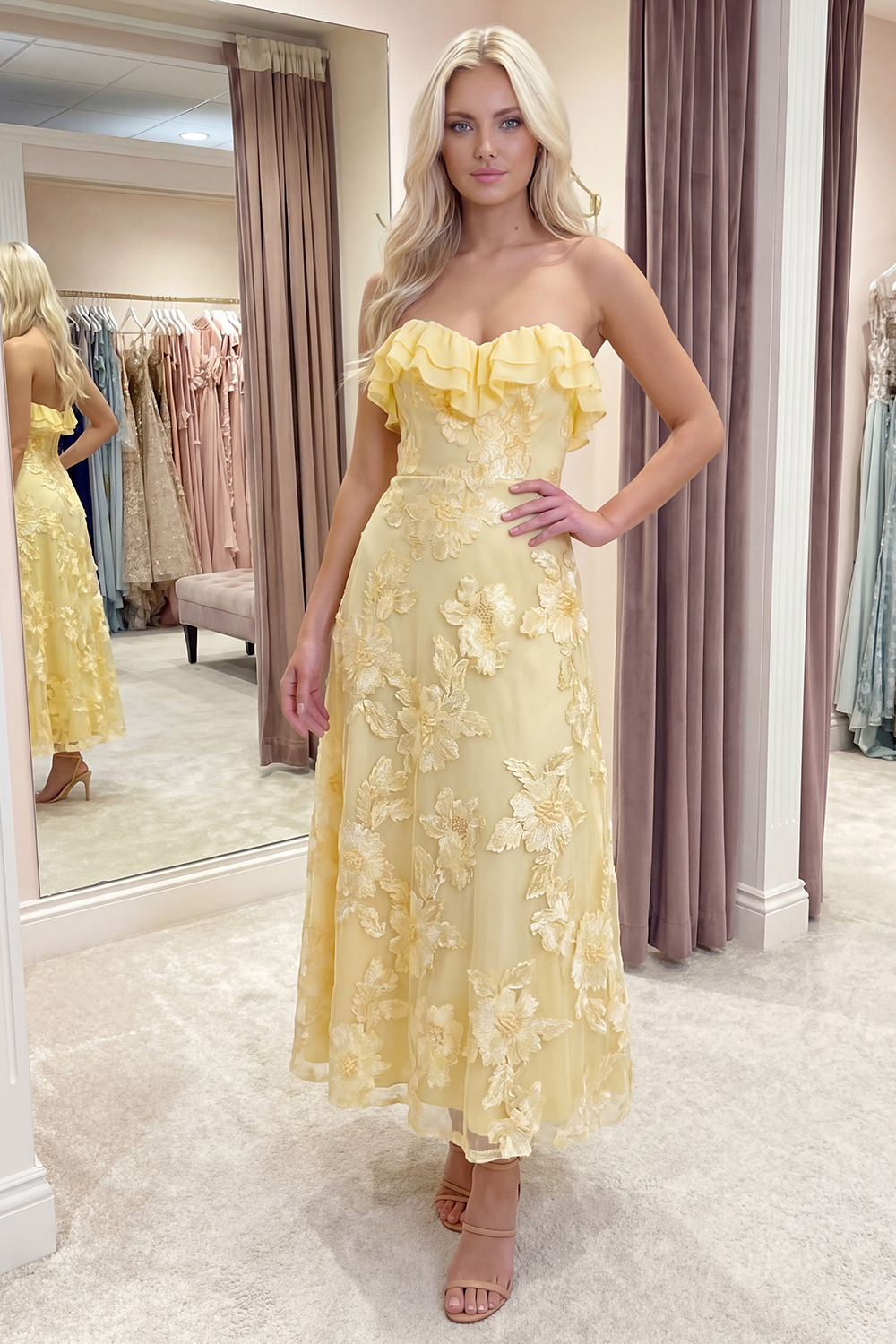 Fuchsia Floral A Line Long Strapless Beach Prom Dress with Ruffles