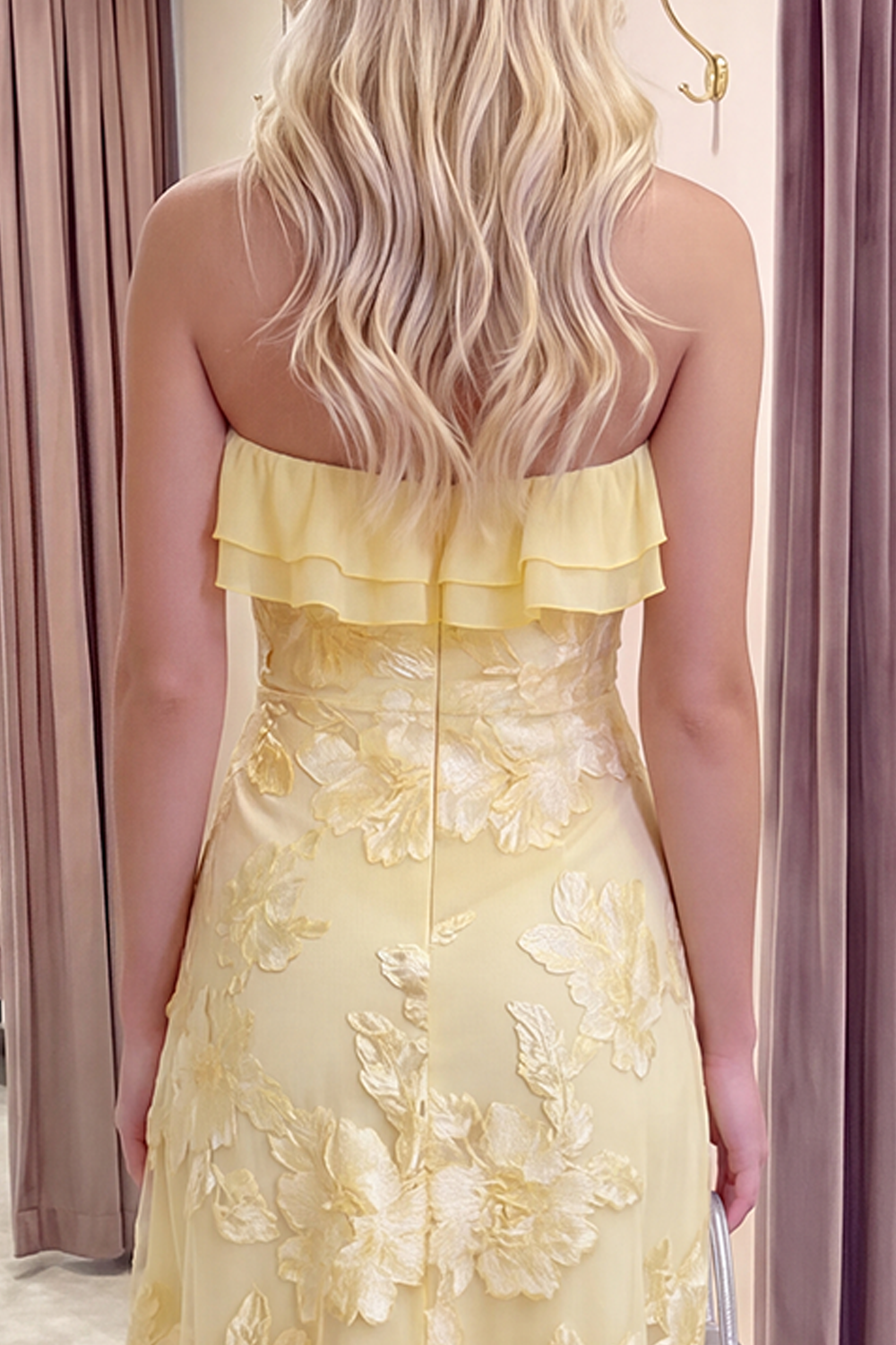 Fuchsia Floral A Line Long Strapless Beach Prom Dress with Ruffles