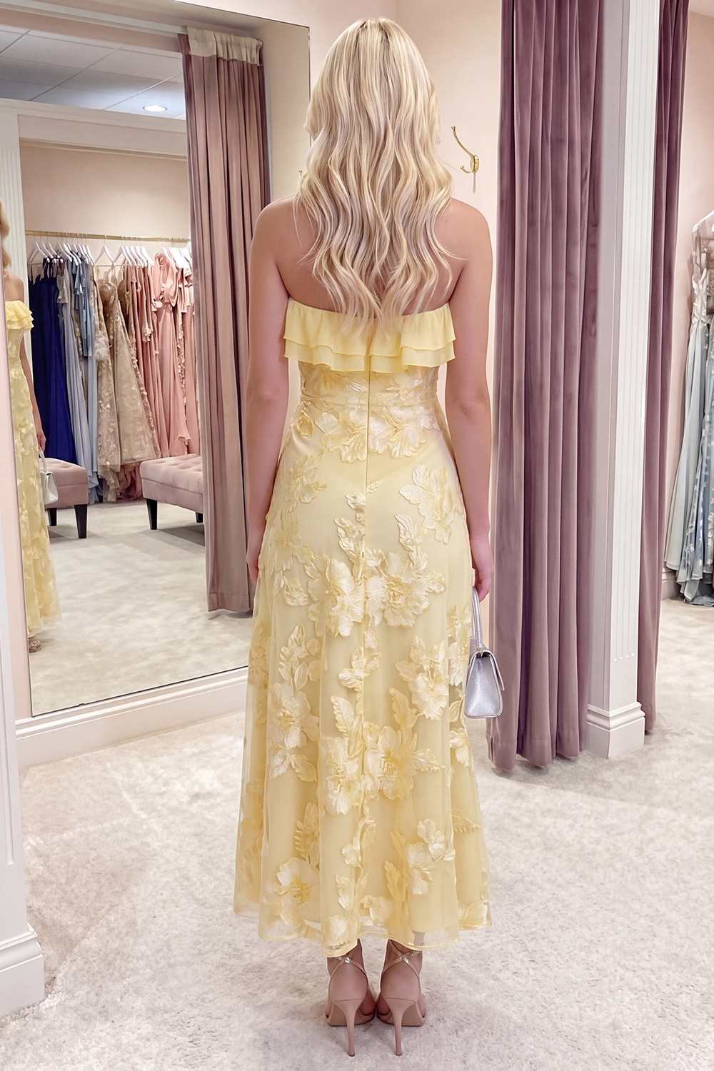 Fuchsia Floral A Line Long Strapless Beach Prom Dress with Ruffles