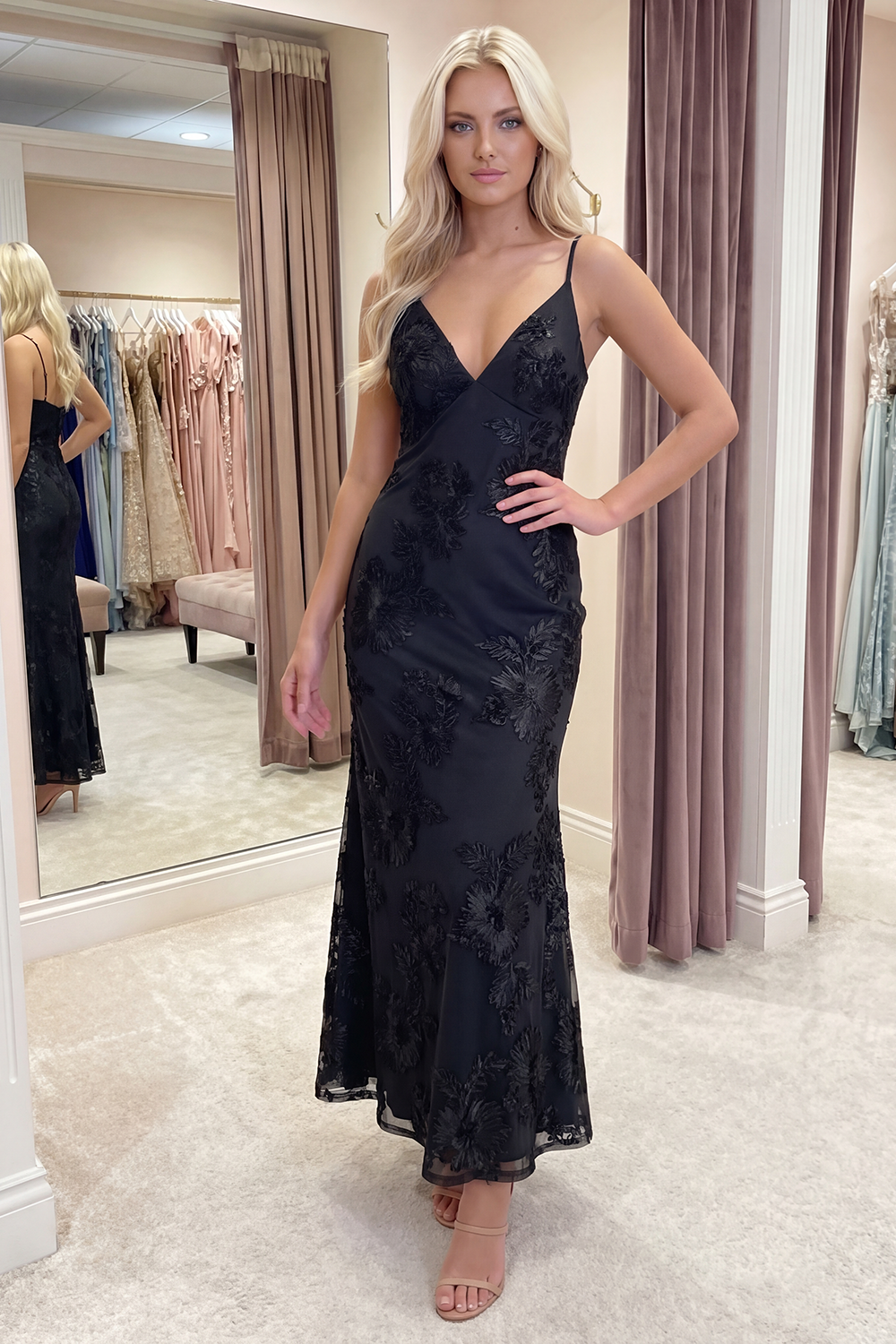 Light Blue Floral Mermaid Long Spaghetti Straps Prom Dress