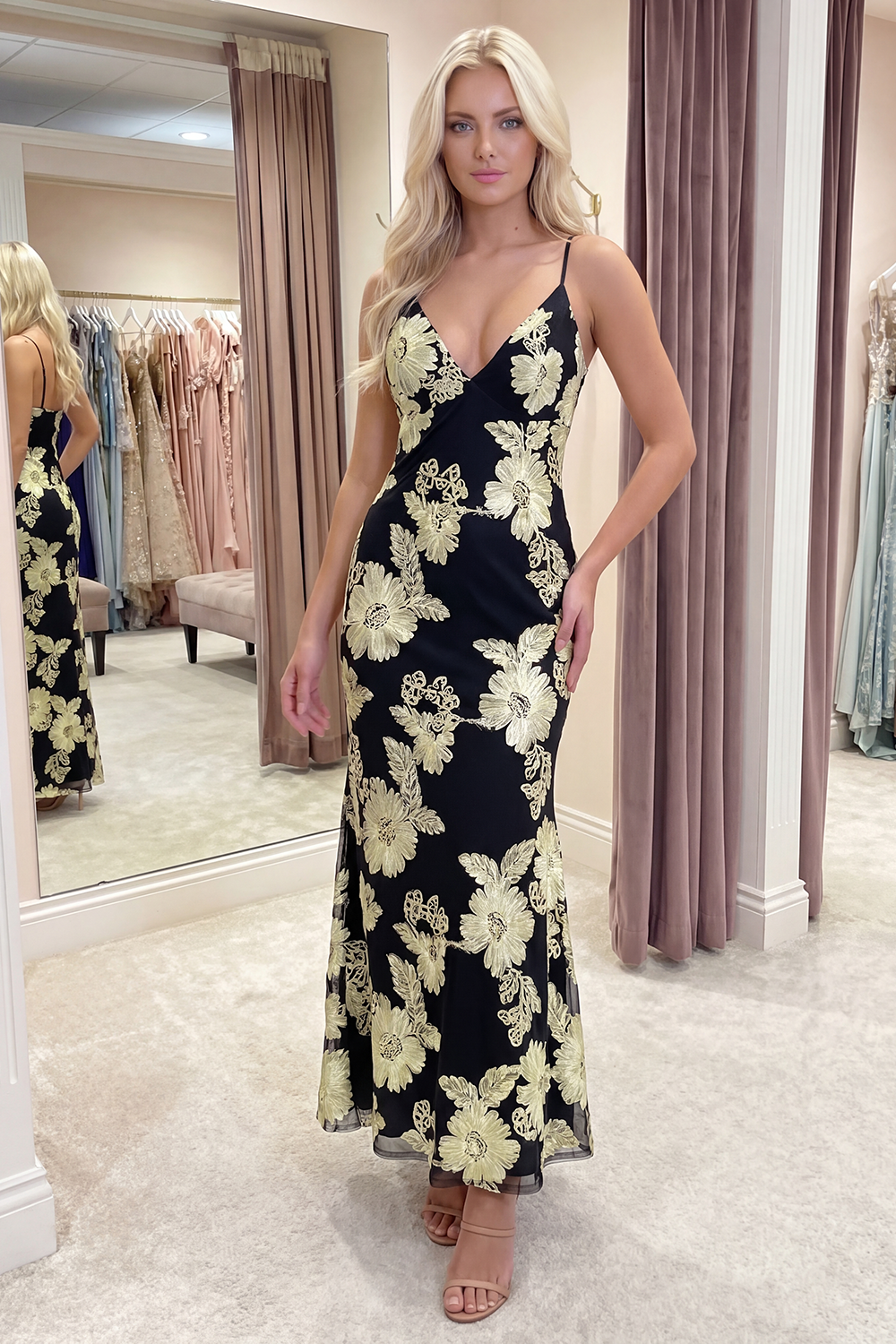 Light Blue Floral Mermaid Long Spaghetti Straps Prom Dress