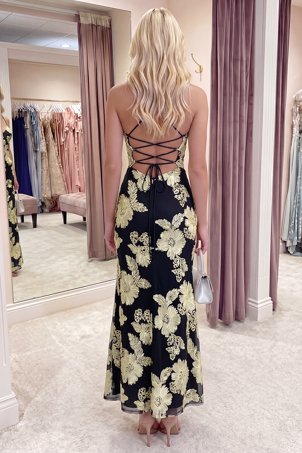 Light Blue Floral Mermaid Long Spaghetti Straps Prom Dress