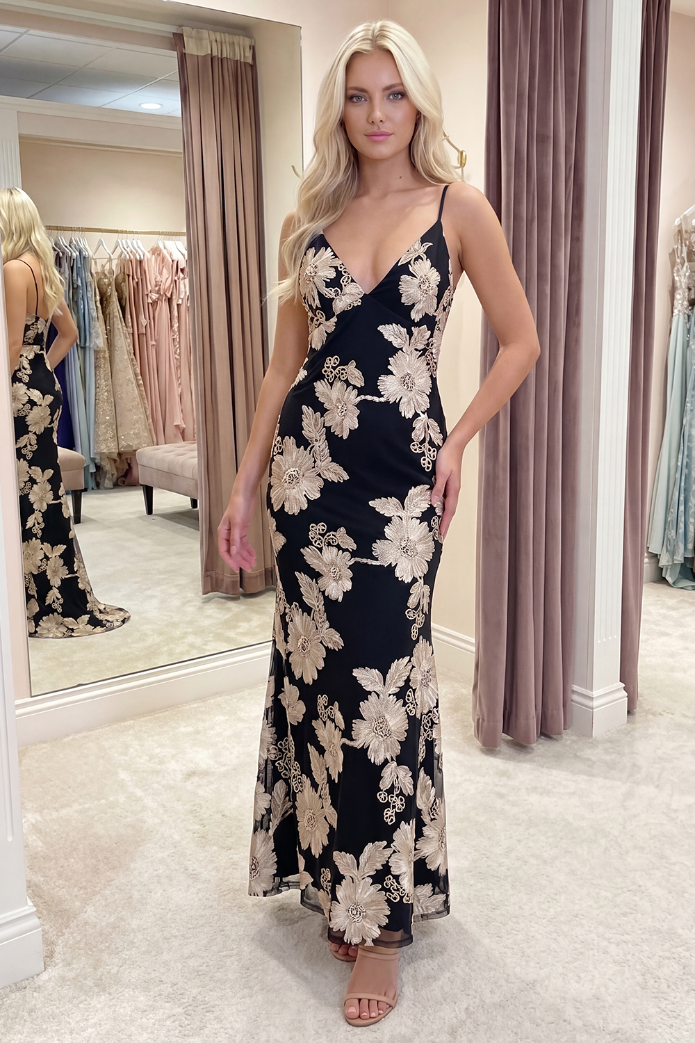 Light Blue Floral Mermaid Long Spaghetti Straps Prom Dress