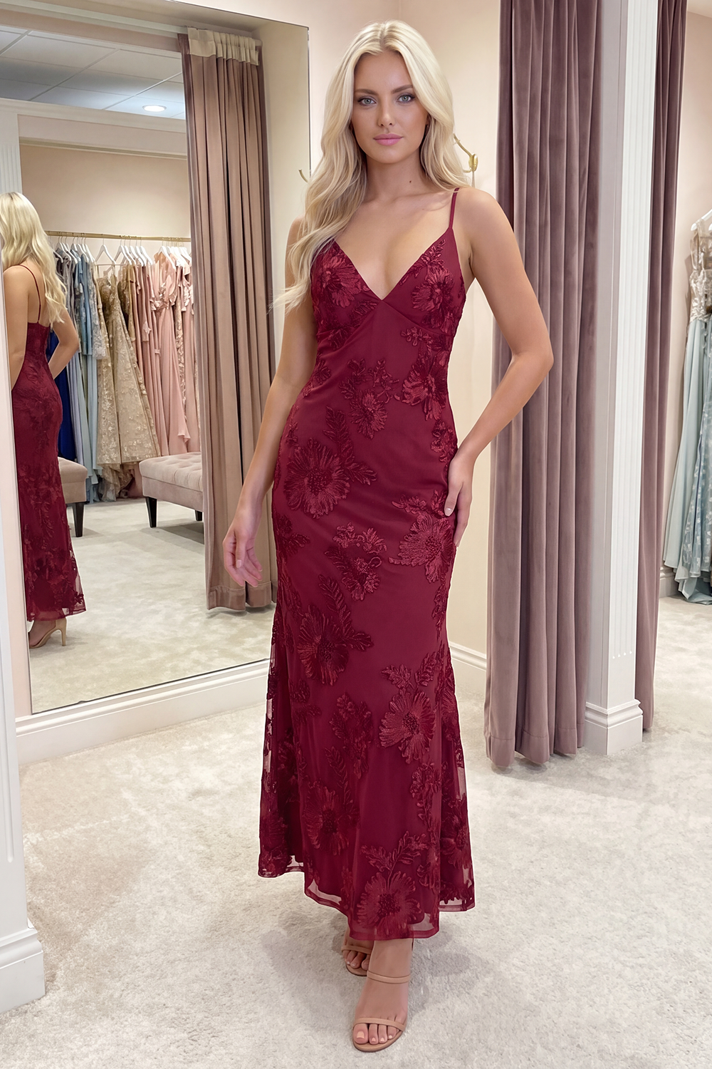 Light Blue Floral Mermaid Long Spaghetti Straps Prom Dress