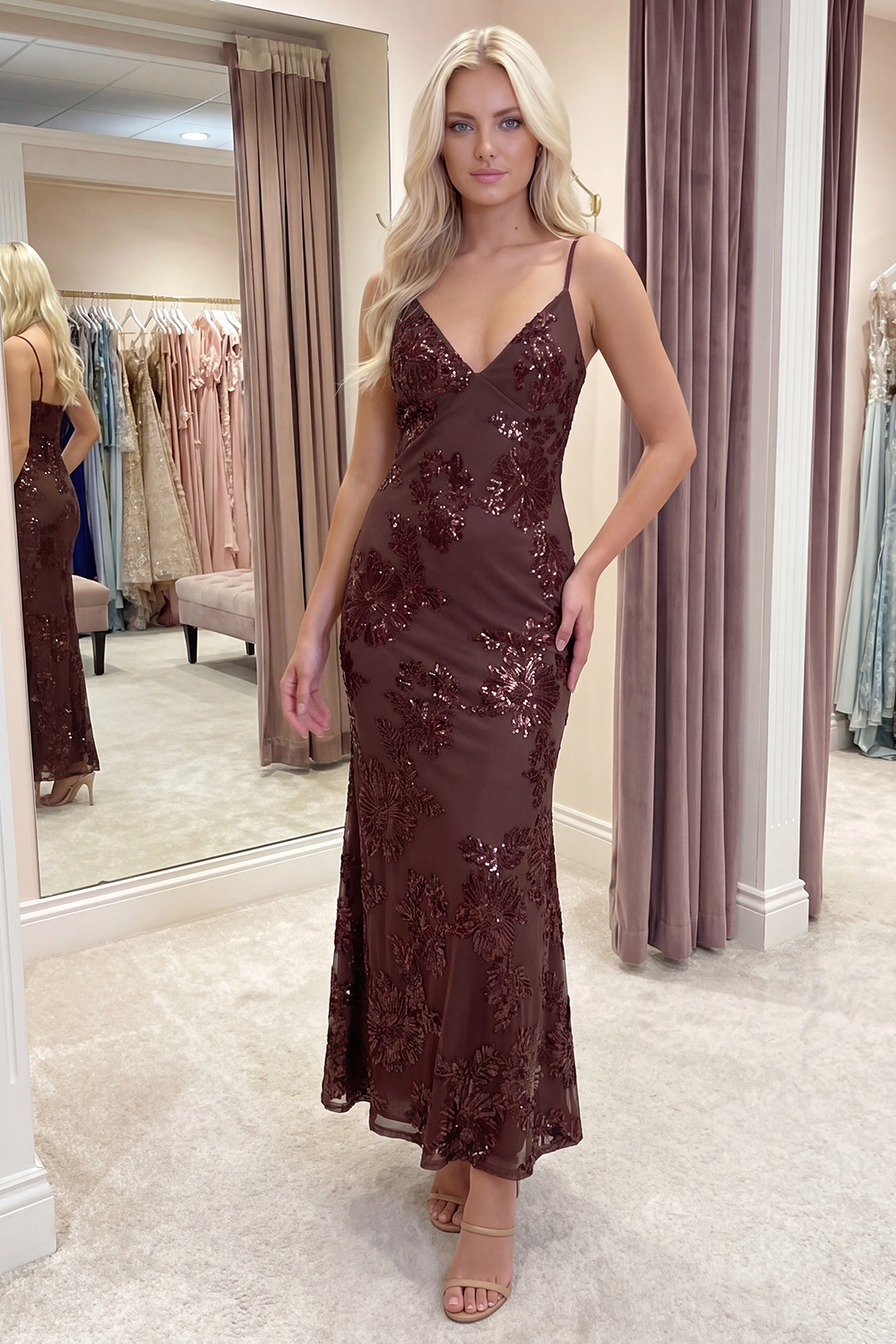 Light Blue Floral Mermaid Long Spaghetti Straps Prom Dress