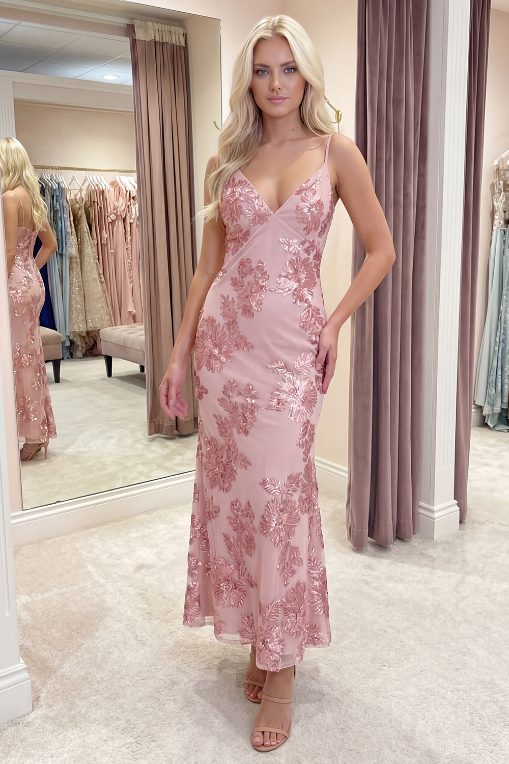 Light Blue Floral Mermaid Long Spaghetti Straps Prom Dress