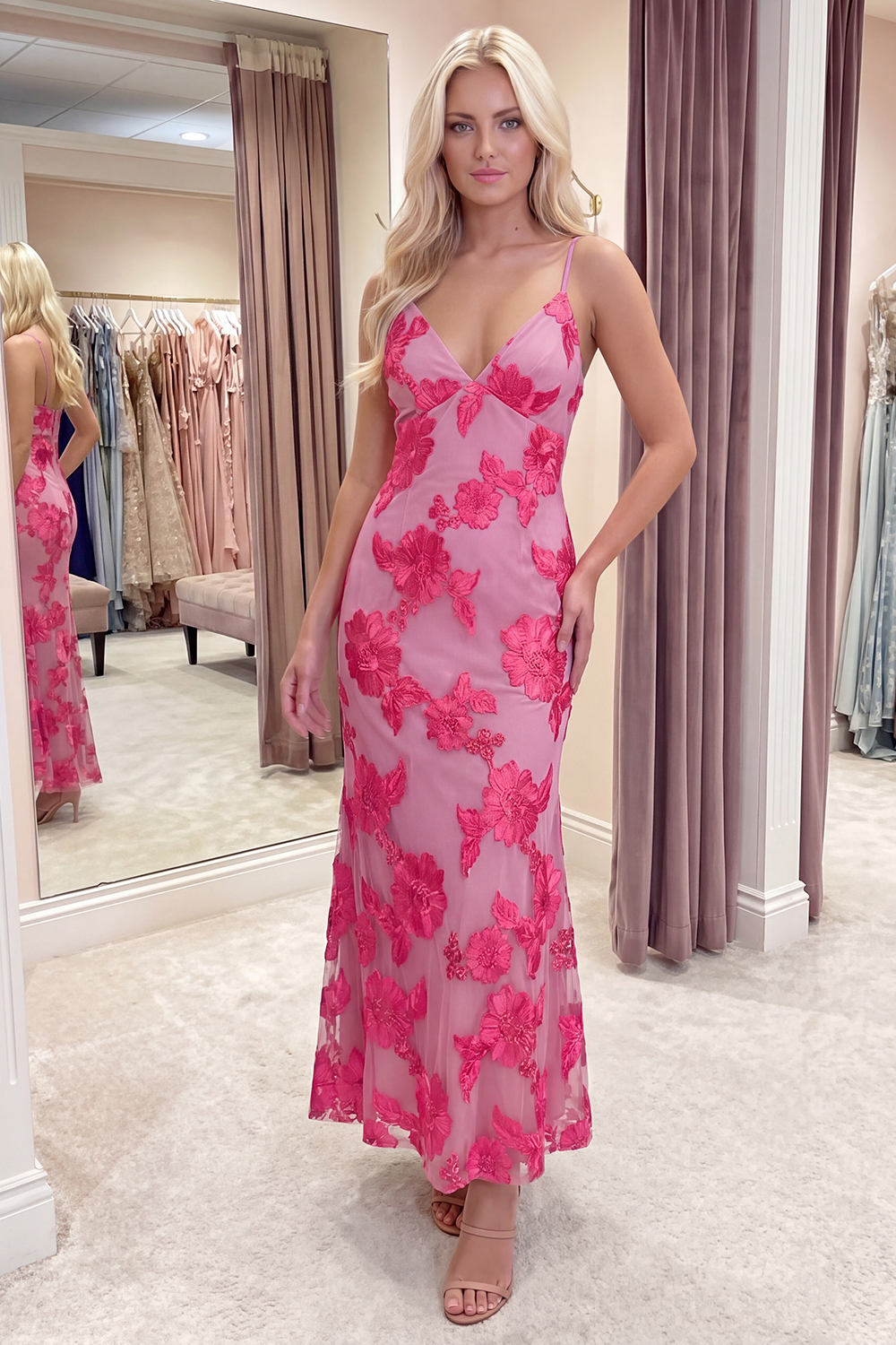 Light Blue Floral Mermaid Long Spaghetti Straps Prom Dress