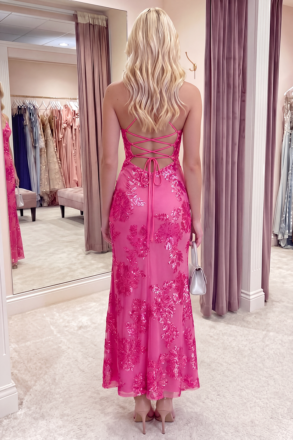 Light Blue Floral Mermaid Long Spaghetti Straps Prom Dress