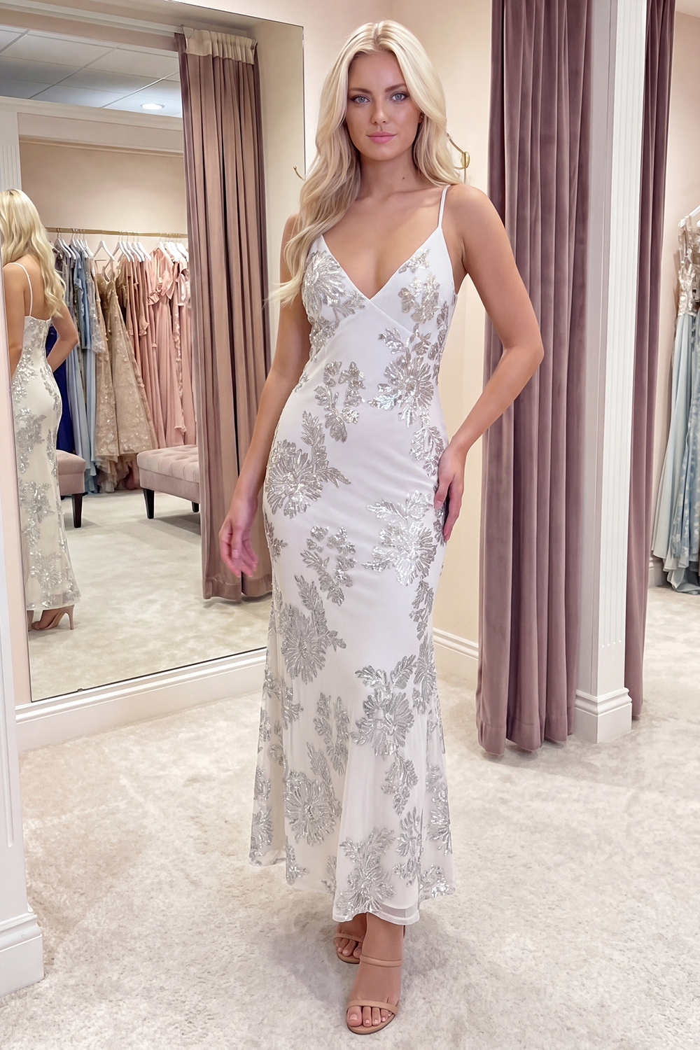 Light Blue Floral Mermaid Long Spaghetti Straps Prom Dress