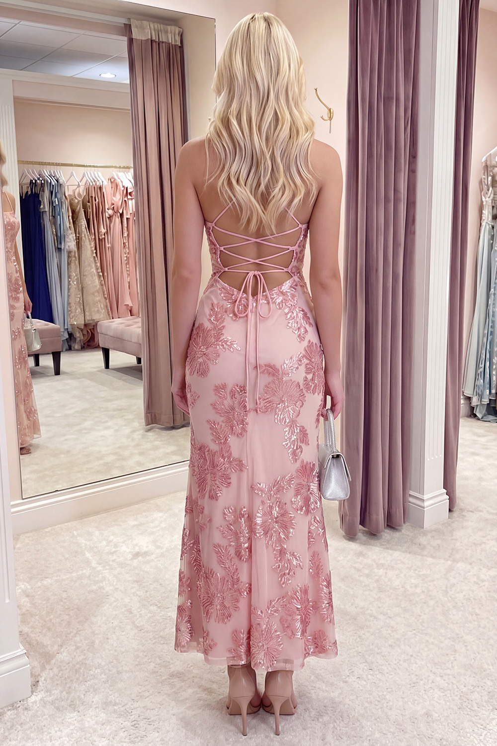 Light Blue Floral Mermaid Long Spaghetti Straps Prom Dress