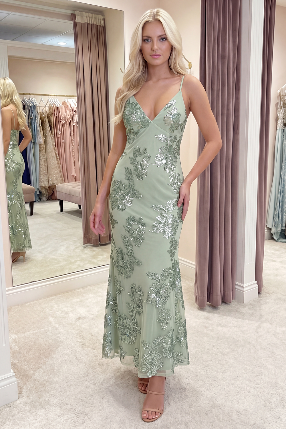 Light Blue Floral Mermaid Long Spaghetti Straps Prom Dress