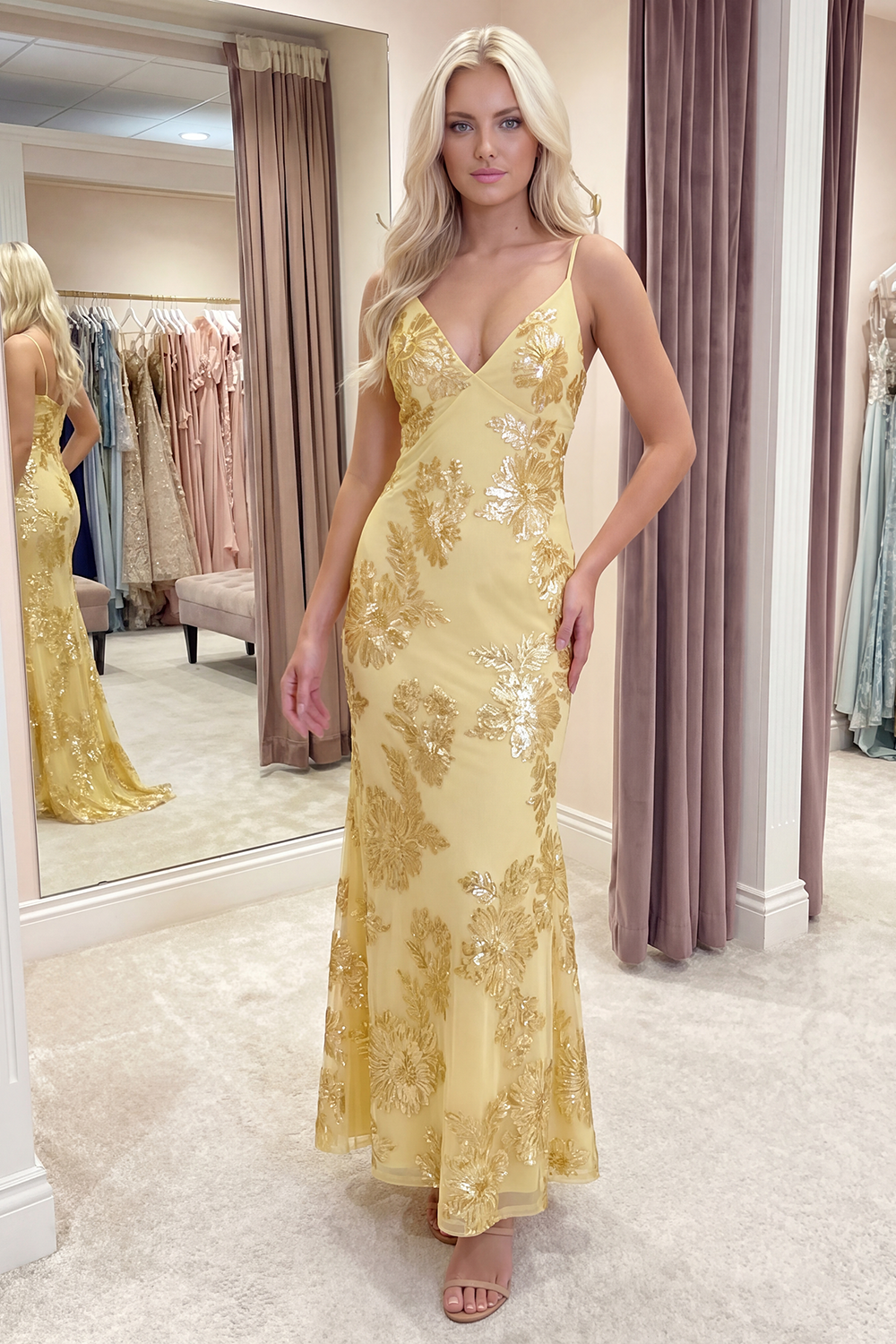 Light Blue Floral Mermaid Long Spaghetti Straps Prom Dress