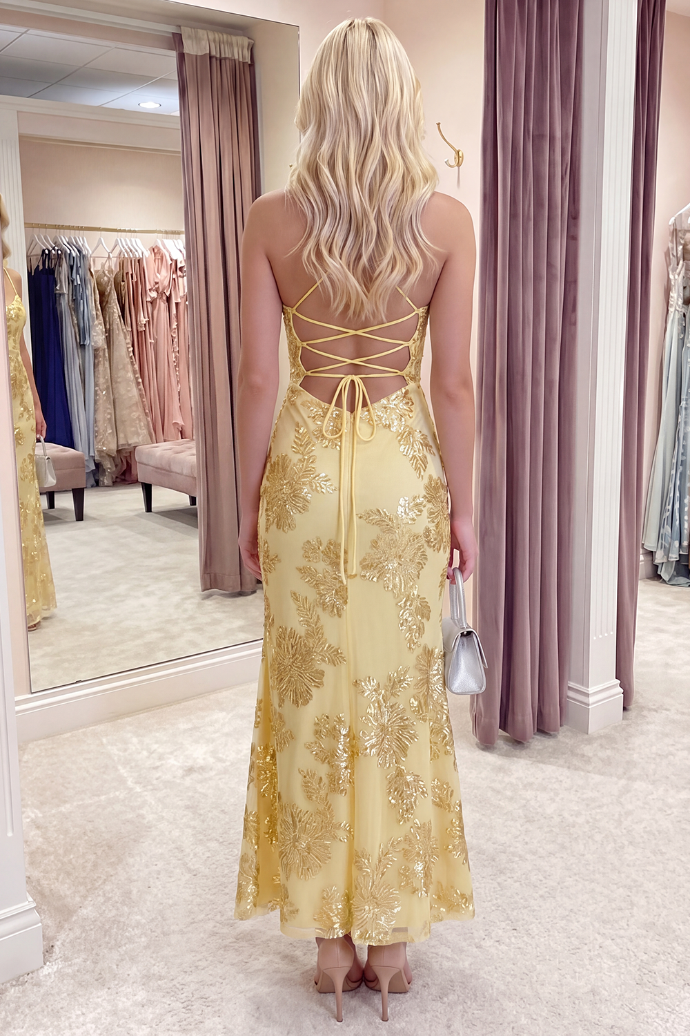 Light Blue Floral Mermaid Long Spaghetti Straps Prom Dress