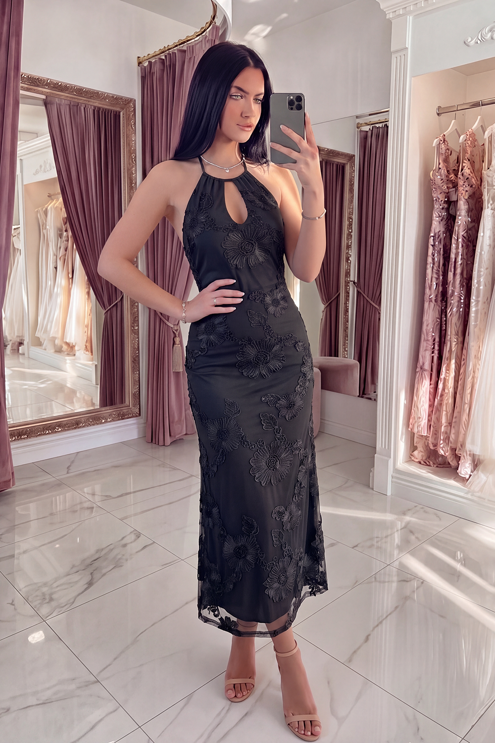 Black Yellow Floral Mermaid Long Keyhole Halter Prom Dress