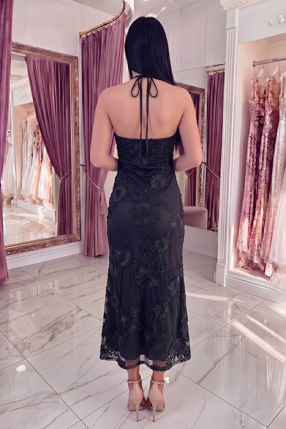 Black Yellow Floral Mermaid Long Keyhole Halter Prom Dress