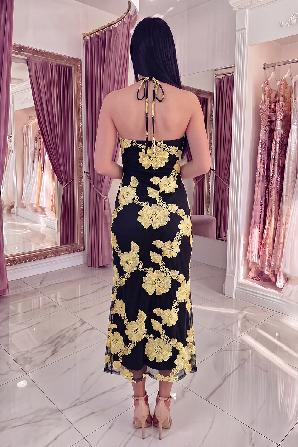 Black Yellow Floral Mermaid Long Keyhole Halter Prom Dress