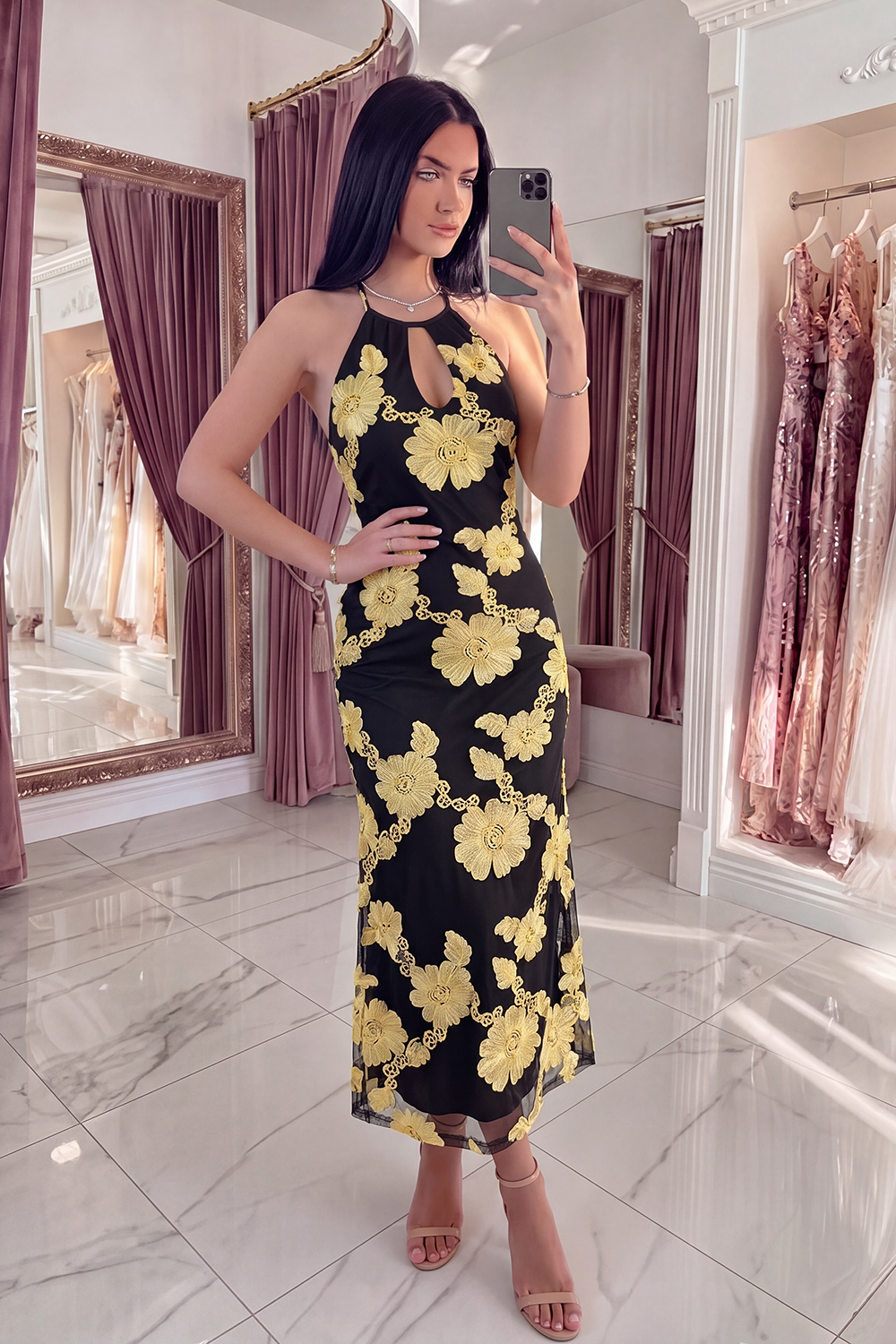 Black Yellow Floral Mermaid Long Keyhole Halter Prom Dress