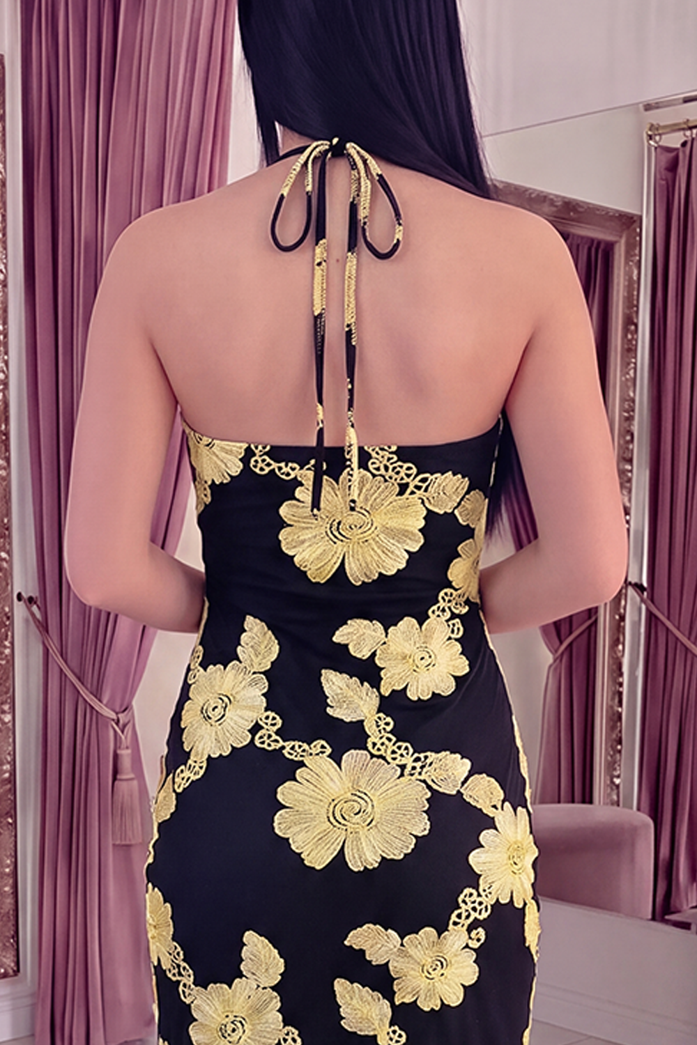 Black Yellow Floral Mermaid Long Keyhole Halter Prom Dress