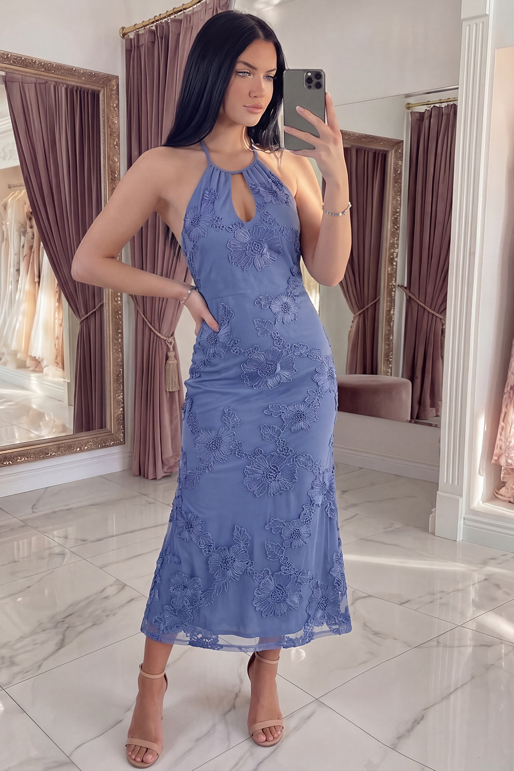 Black Yellow Floral Mermaid Long Keyhole Halter Prom Dress