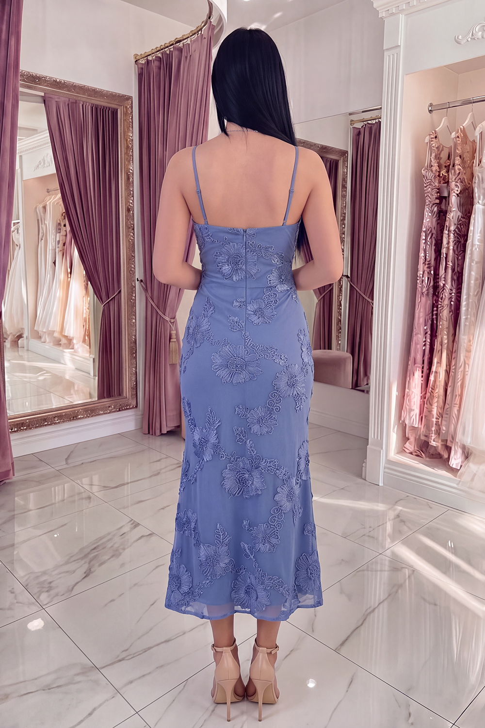 Black Yellow Floral Mermaid Long Keyhole Halter Prom Dress