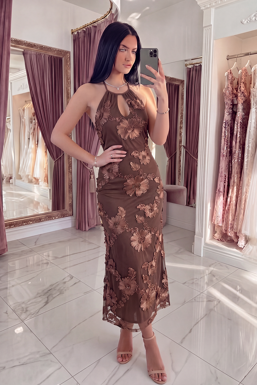 Black Yellow Floral Mermaid Long Keyhole Halter Prom Dress