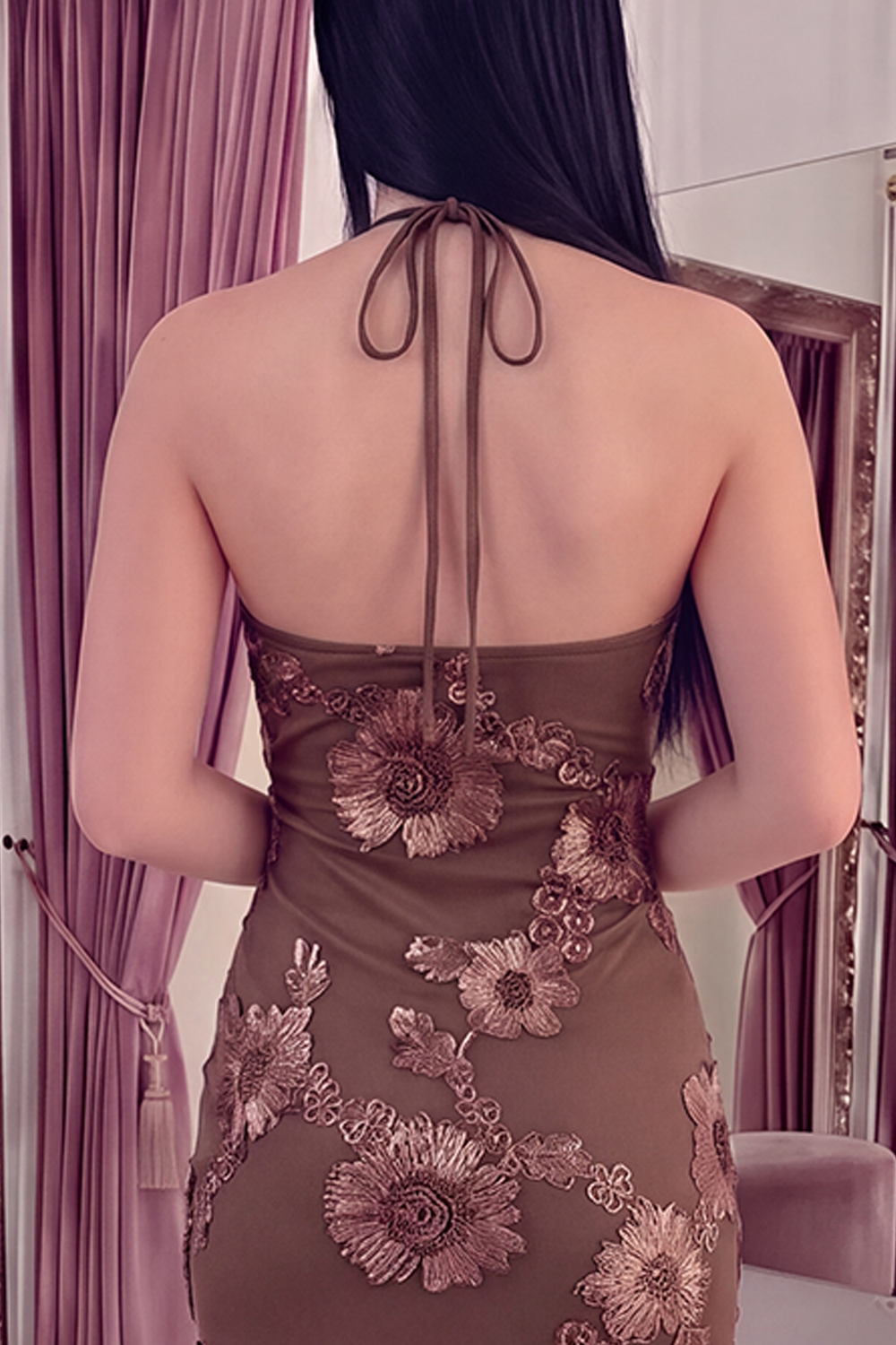 Black Yellow Floral Mermaid Long Keyhole Halter Prom Dress