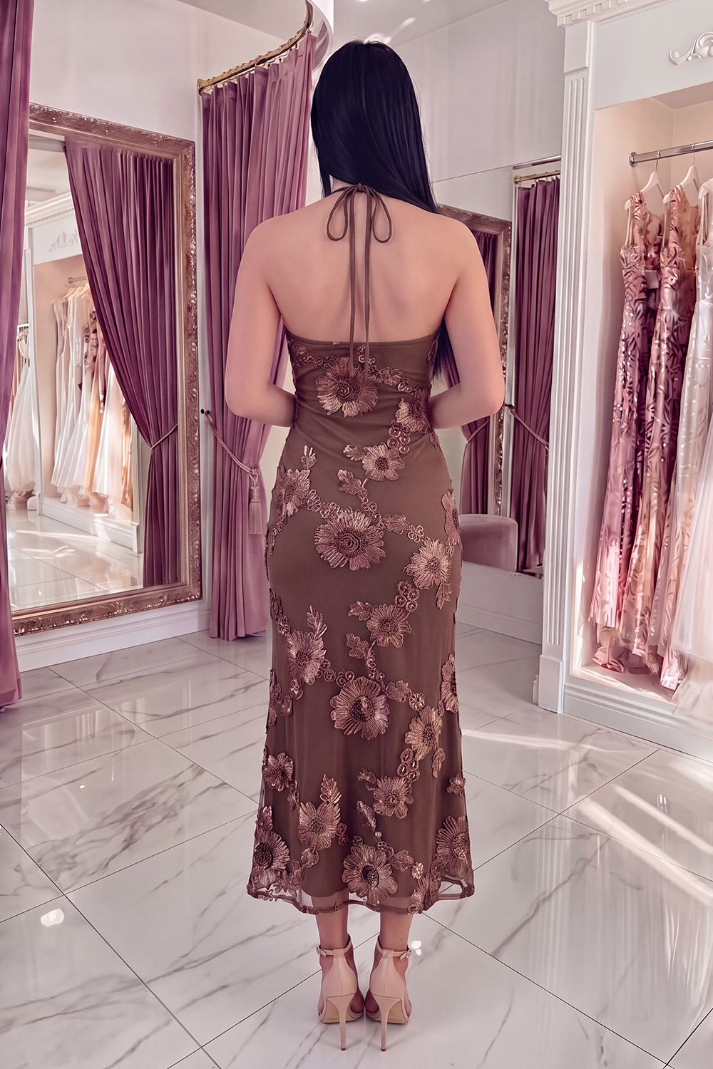 Black Yellow Floral Mermaid Long Keyhole Halter Prom Dress