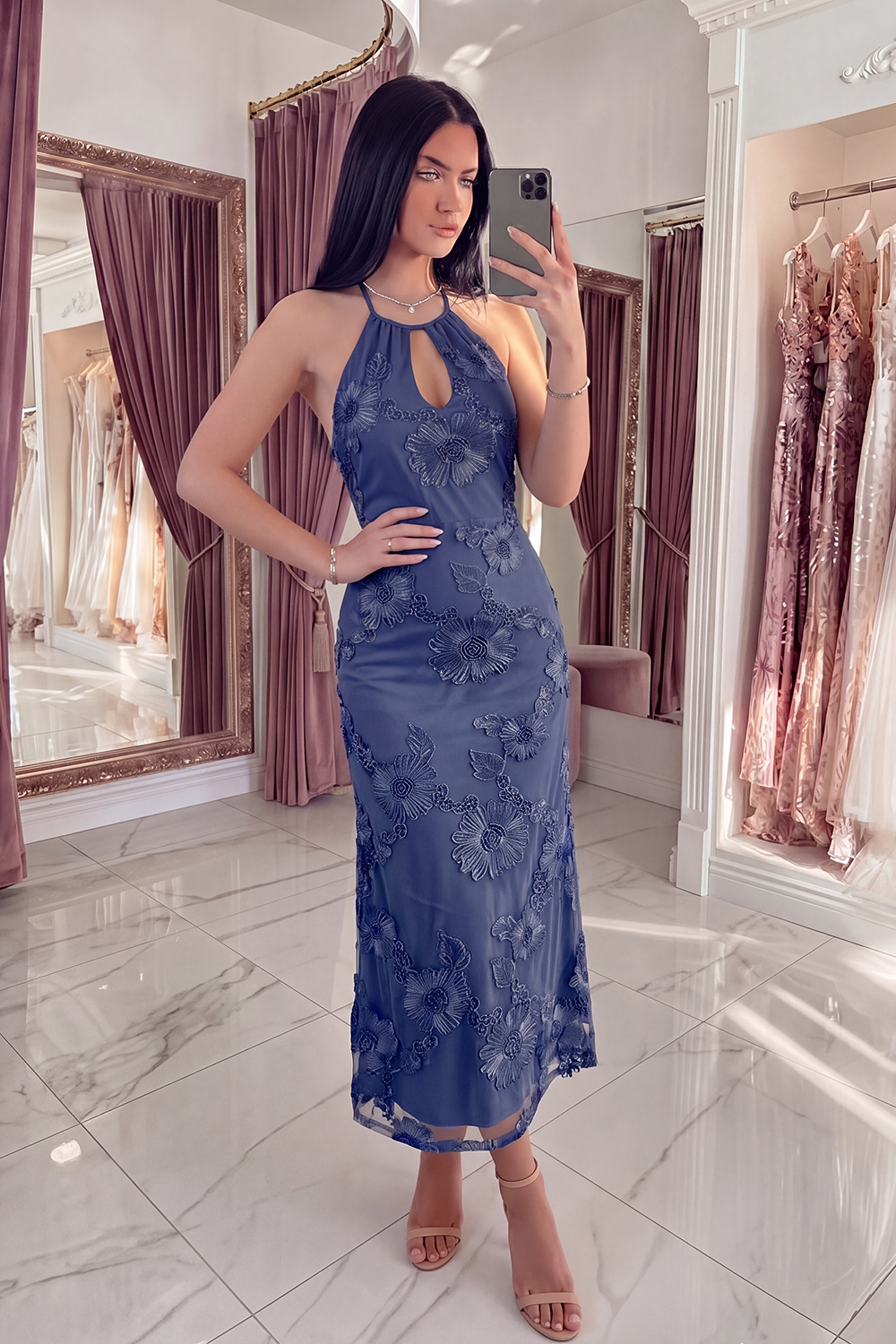 Black Yellow Floral Mermaid Long Keyhole Halter Prom Dress