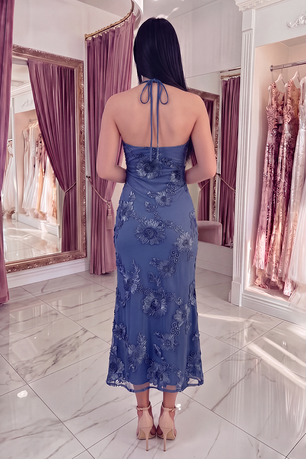 Black Yellow Floral Mermaid Long Keyhole Halter Prom Dress