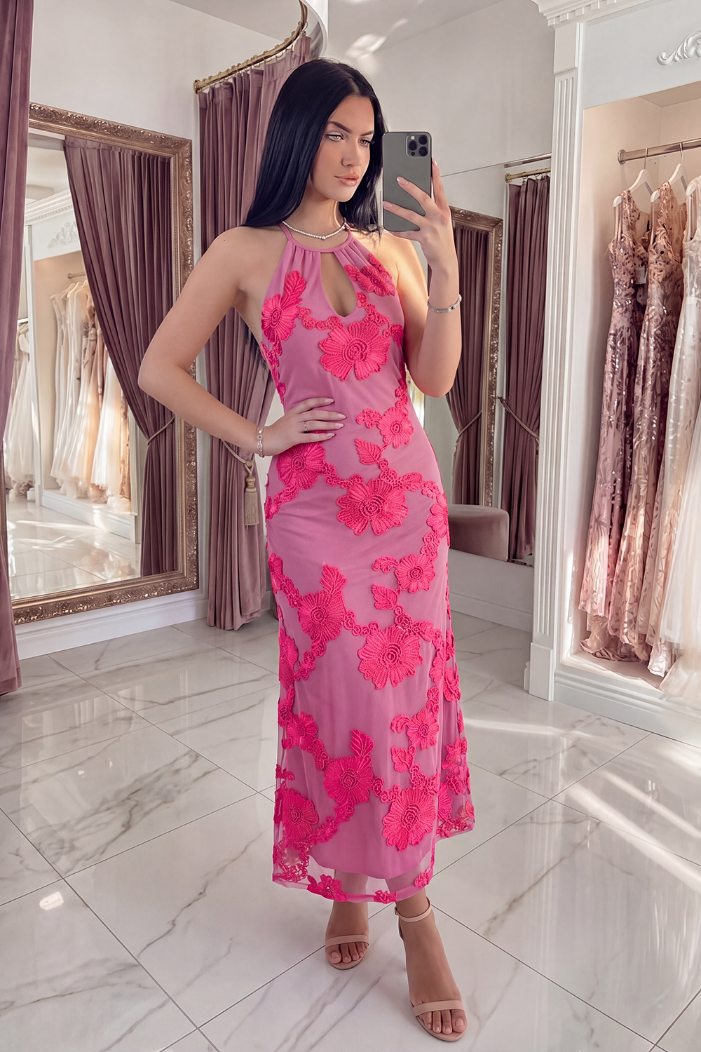 Black Yellow Floral Mermaid Long Keyhole Halter Prom Dress