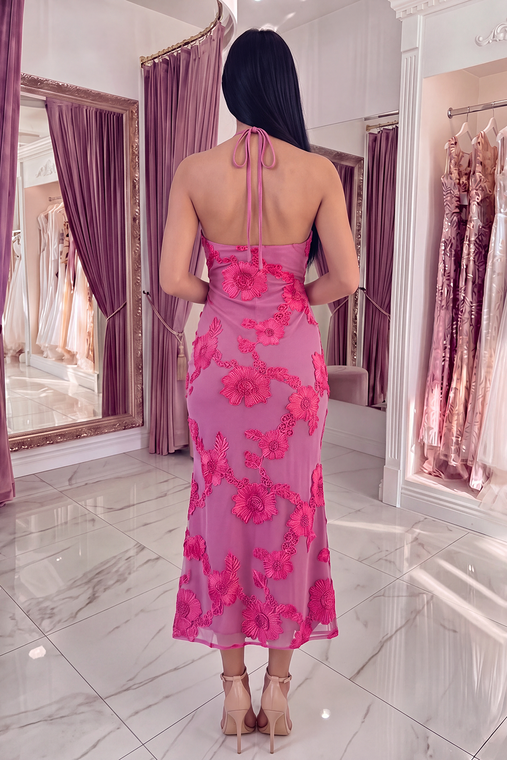 Black Yellow Floral Mermaid Long Keyhole Halter Prom Dress