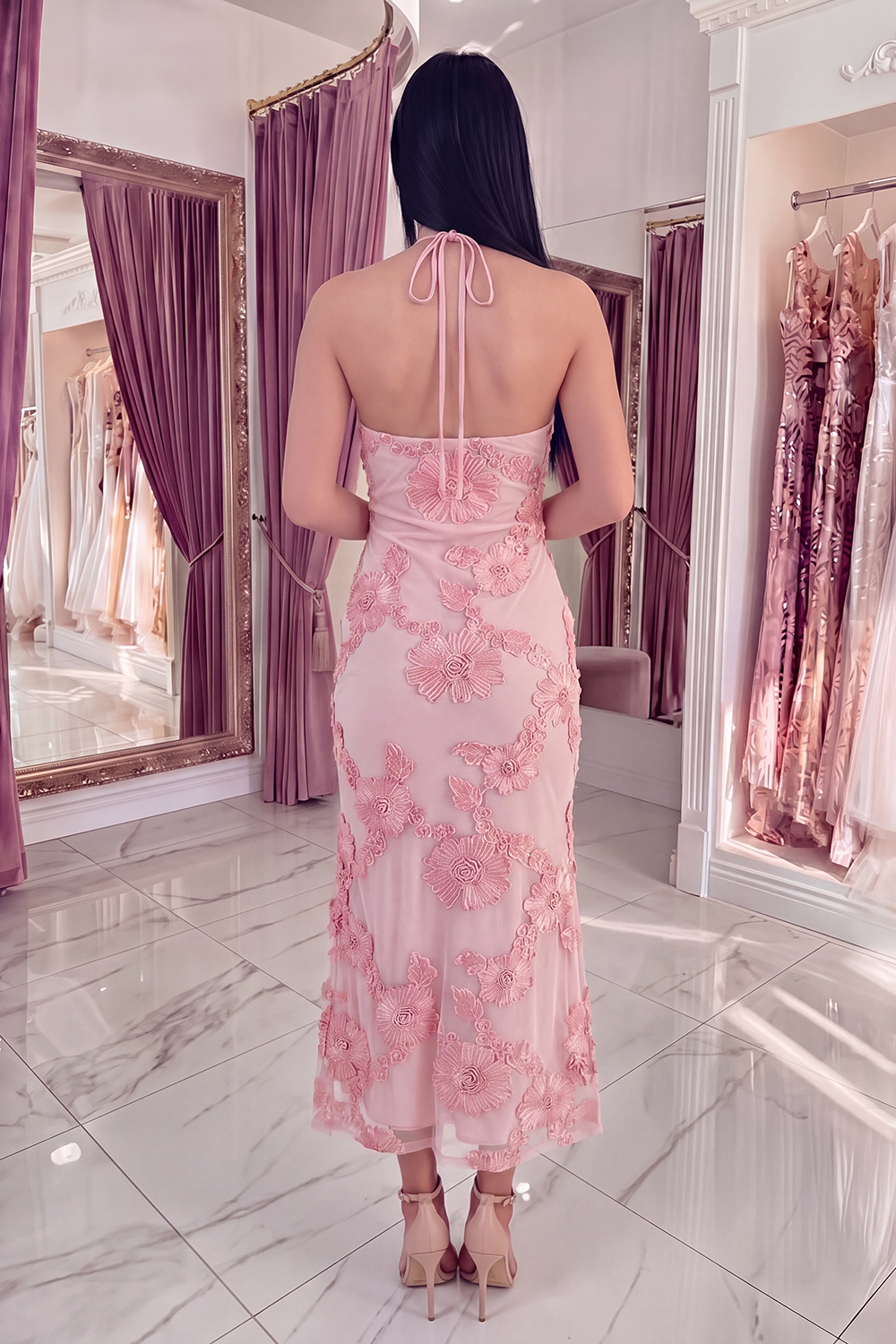 Black Yellow Floral Mermaid Long Keyhole Halter Prom Dress