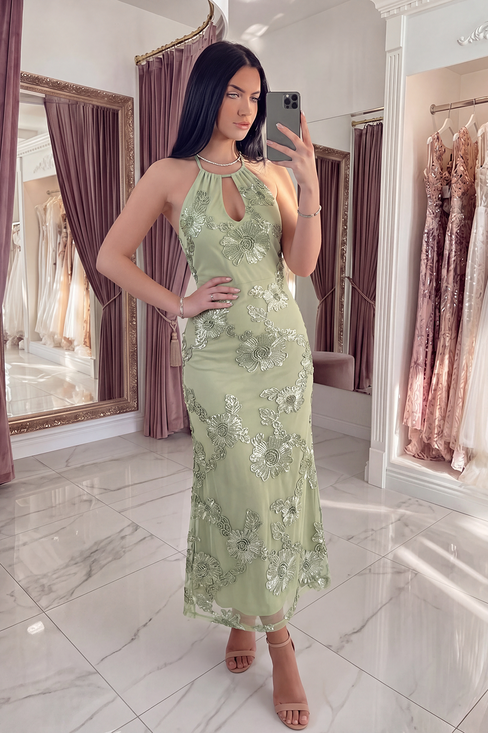 Black Yellow Floral Mermaid Long Keyhole Halter Prom Dress