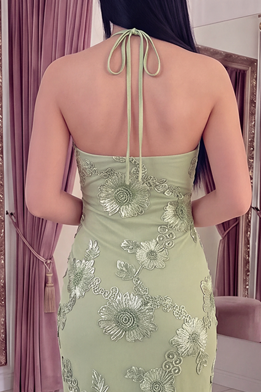 Black Yellow Floral Mermaid Long Keyhole Halter Prom Dress