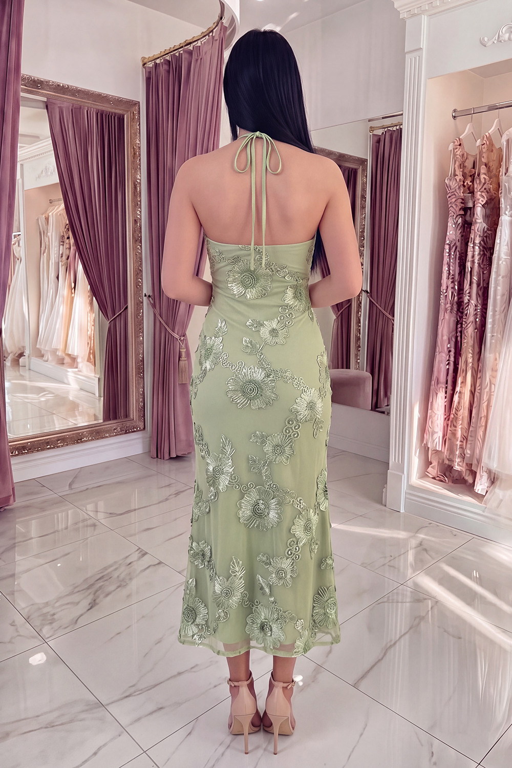 Black Yellow Floral Mermaid Long Keyhole Halter Prom Dress