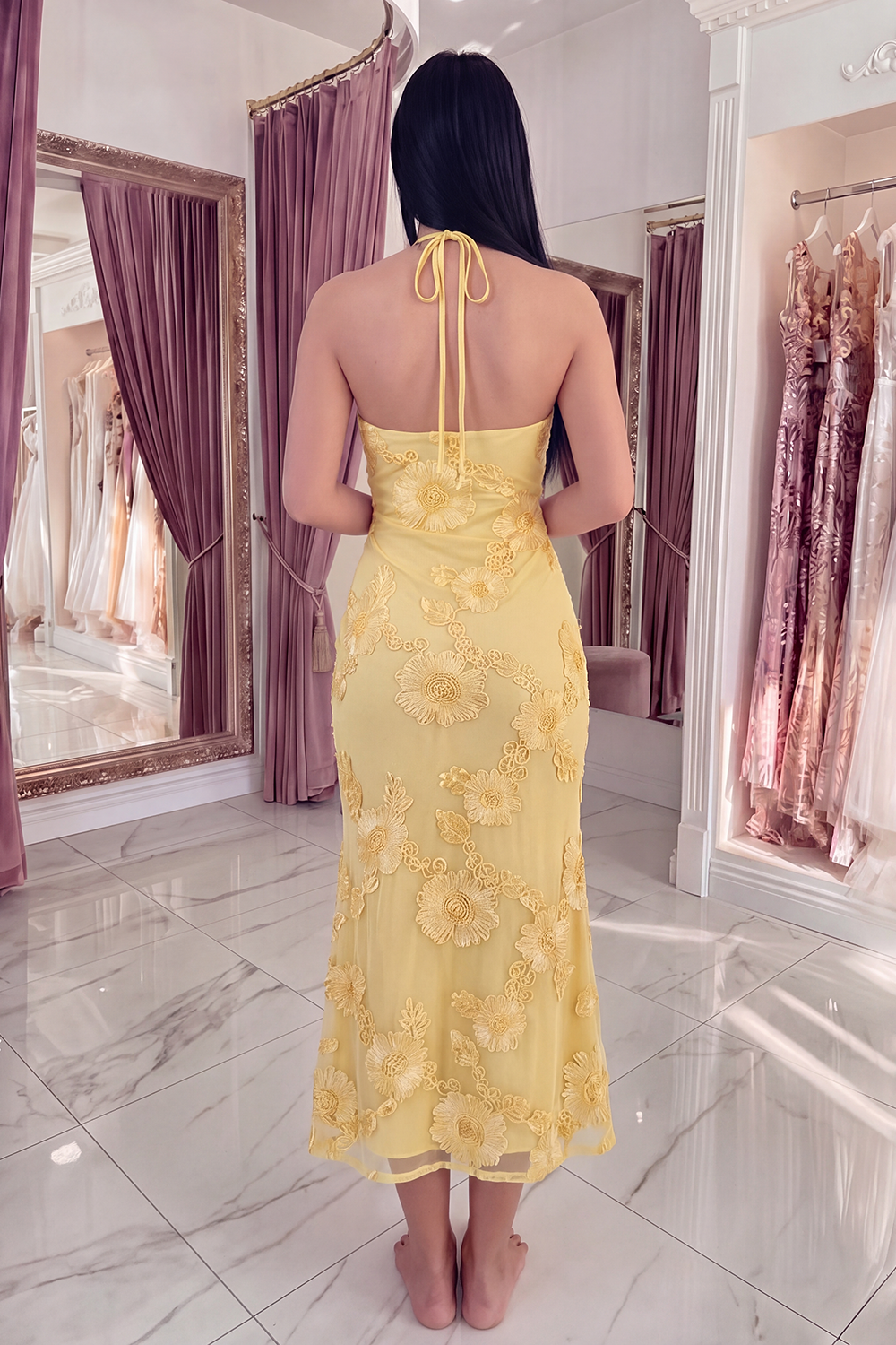 Black Yellow Floral Mermaid Long Keyhole Halter Prom Dress