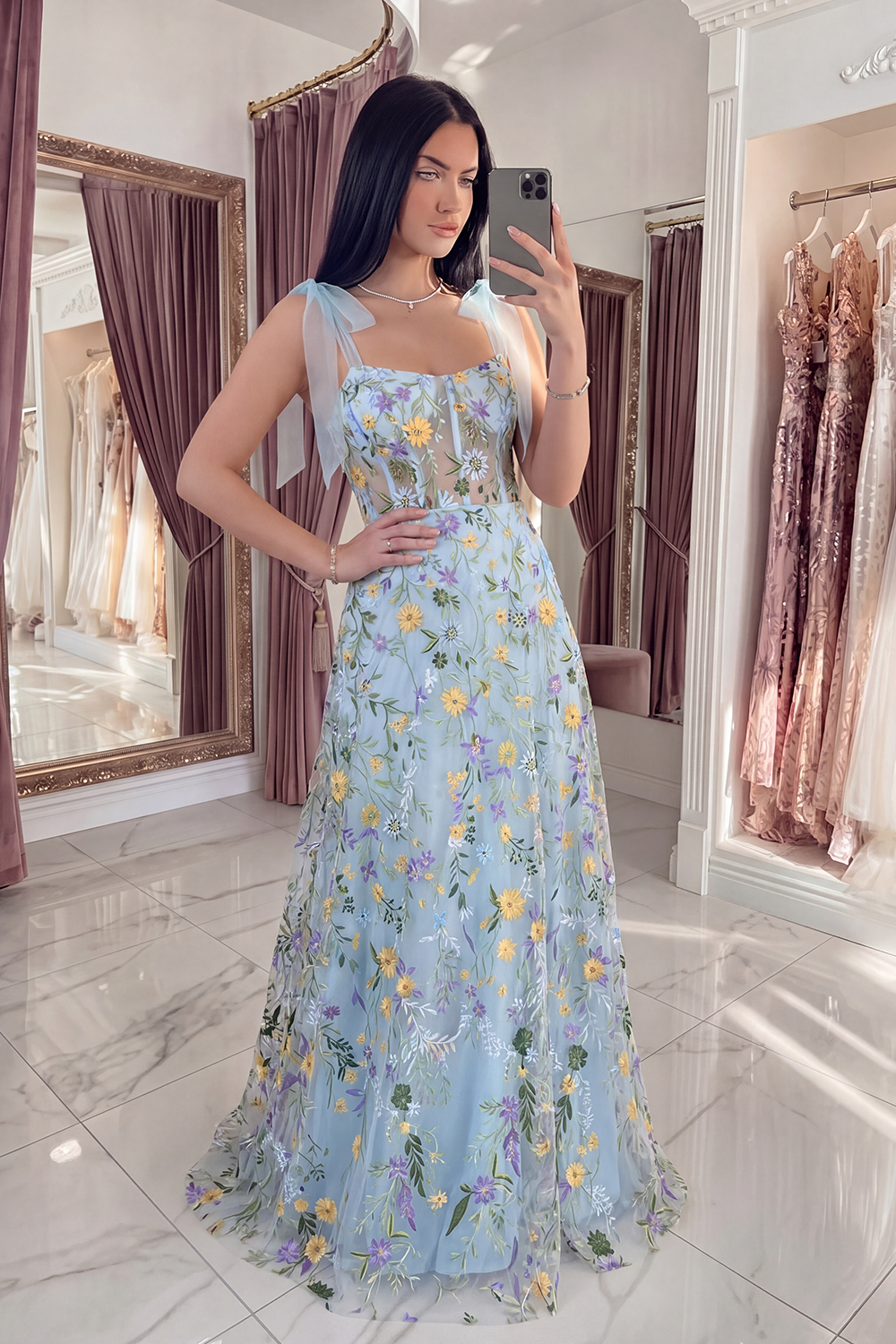 Blue Flower Corset A Line Long Prom Dress with Bows