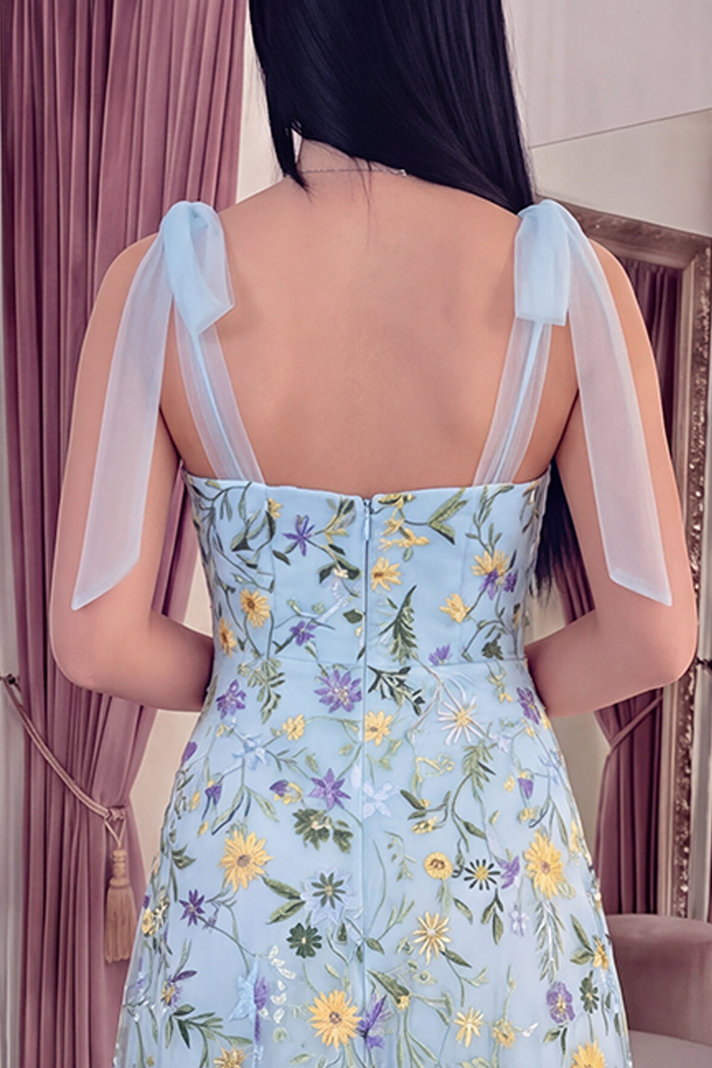 Blue Flower Corset A Line Long Prom Dress with Bows